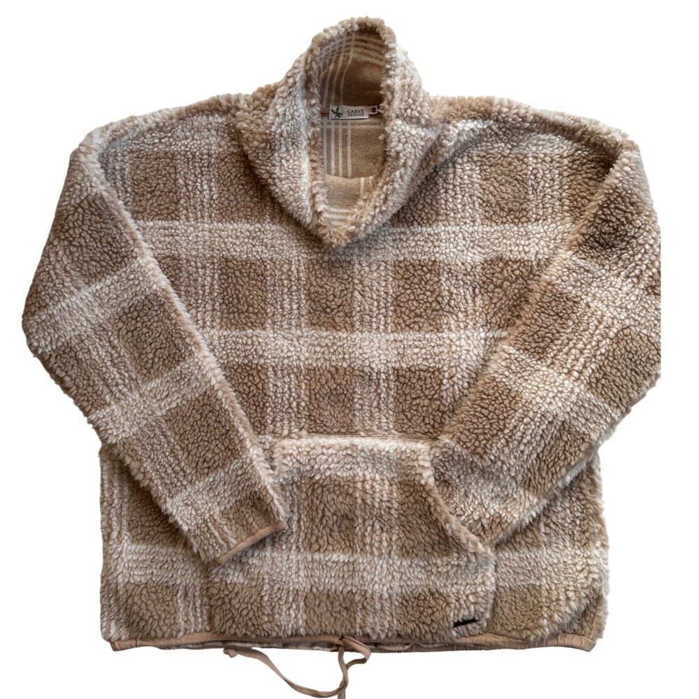 Carve Designs Plaid Sherpa Fleece Pullover Womens L Tan Cowl Neck Excellent